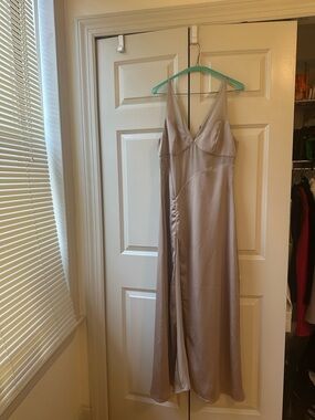 Bobbles & Lace Satin V-Neck Maxi Slip Dress in Taupe